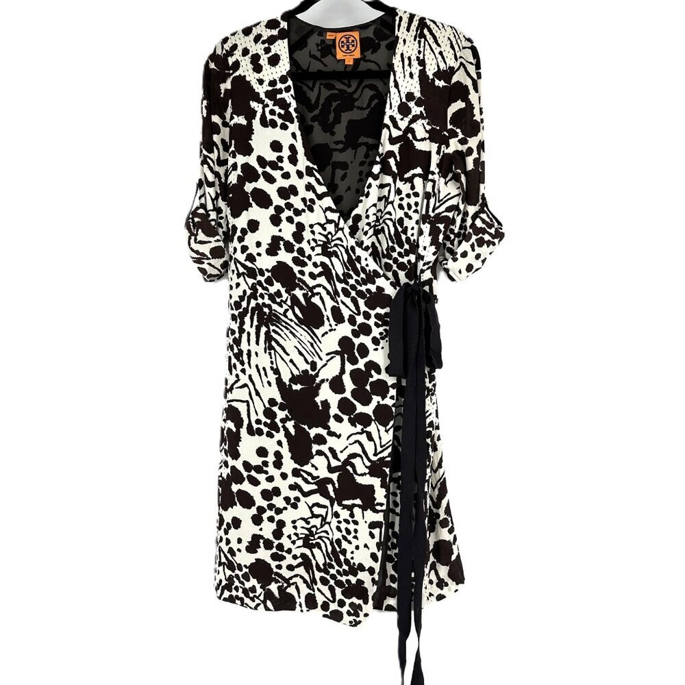 Tory‎ Burch Animal Print Silk Wrap Dress Brown/White Size 2 - Picture 2 of 11